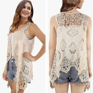 NWT Sleeveless Crochet Lace Open-Front Vest - Cream